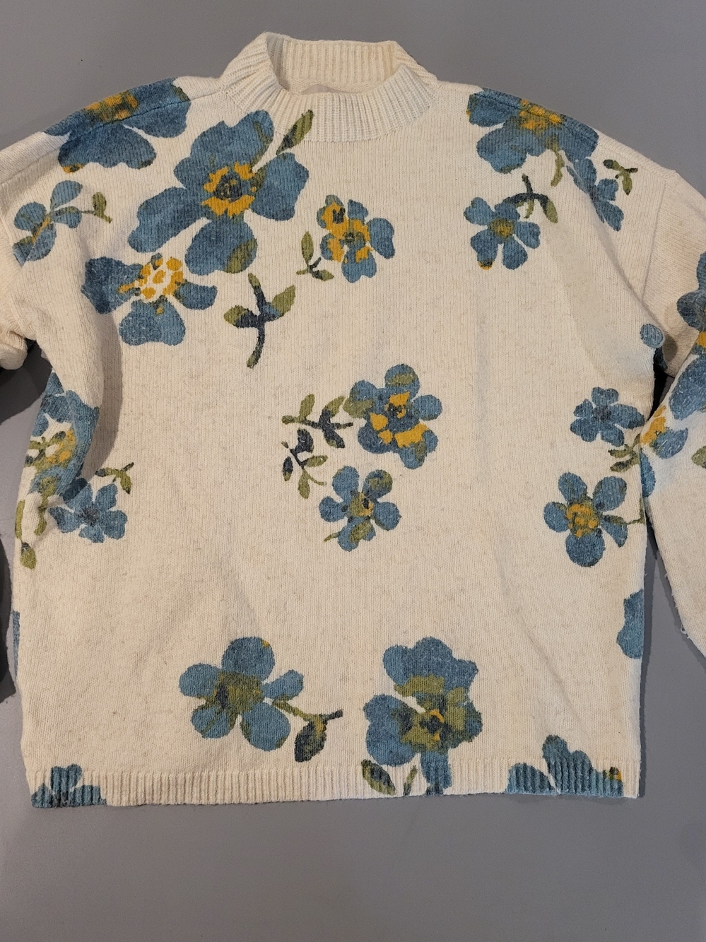 Cream Floral Mock Neck Sweater with Blue & Yellow Blooms
